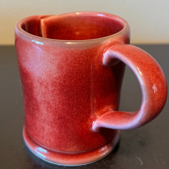Artisan Handcrafted Cranberry Red Glaze Pottery Mug with Folded Overlap Wall - Picture 6 of 11